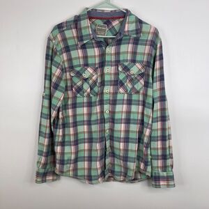 True Grit Womens Plaid Top Size M Button Down Long Sleeve‎ Blue Teal *Read
